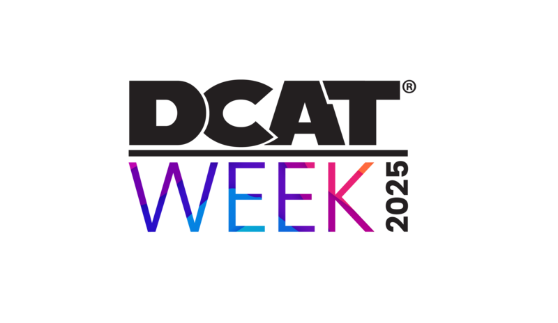 DCAT Week 2025 logo featuring bold black 'DCAT' text with 'WEEK' in purple and '2025' in vertical black text.